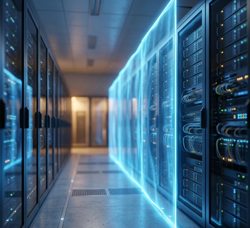A data center aisle lined with server racks glowing with blue light.